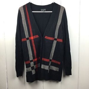 The Limited Black Button Front Cardigan Sweater with Cream & Red Plaid - Small